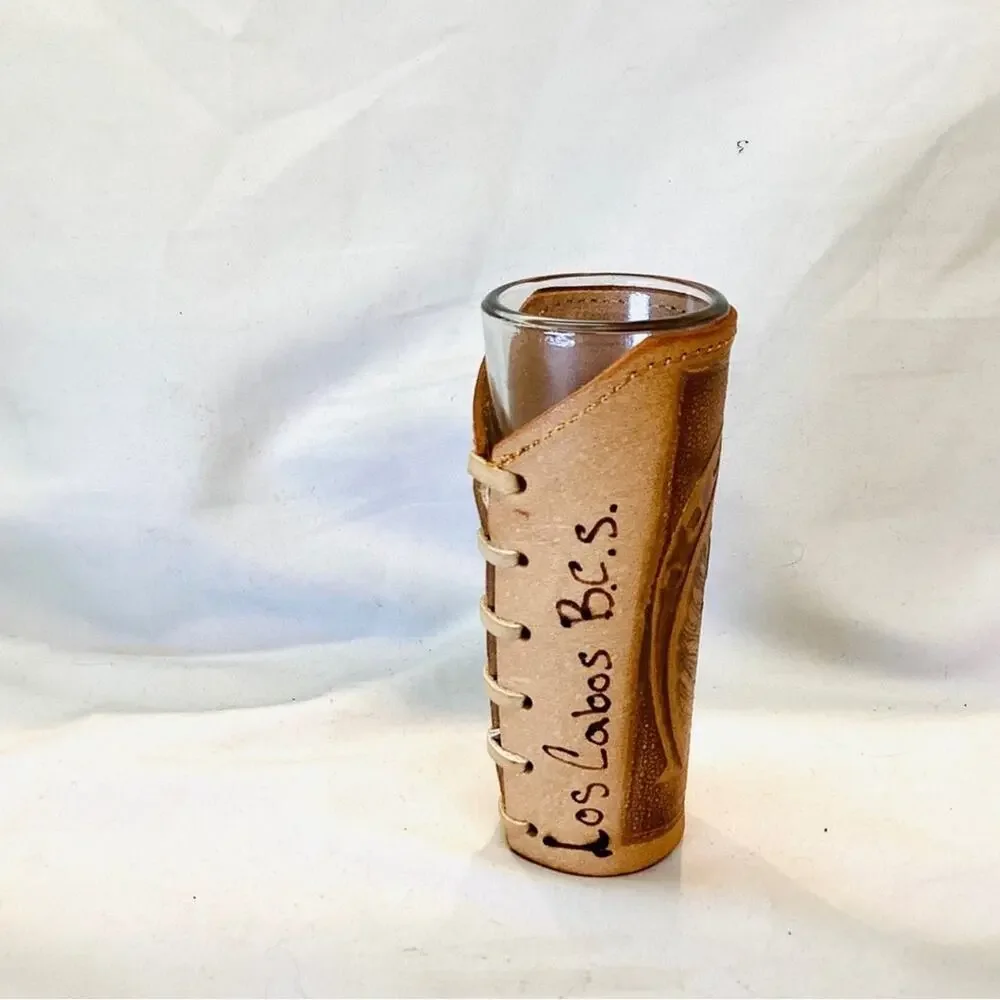 Bar Tall Shot Glass in Leather Case, Mexico, los Cabos
